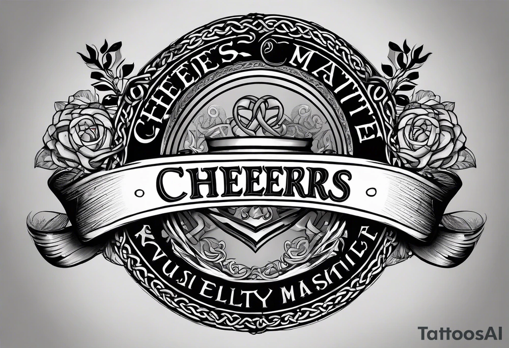 "Cheers Mate" text black and grey ink armband +Celtic +grey Cancer Ribbon tattoo idea