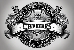 "Cheers Mate" text black and grey ink armband +Celtic +grey Cancer Ribbon tattoo idea