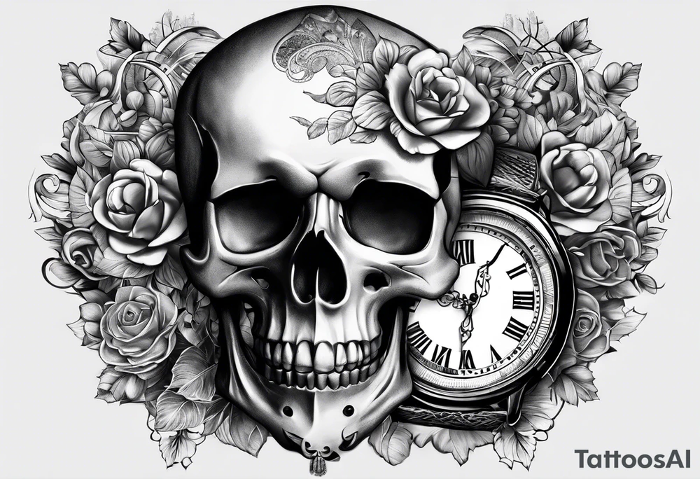 A skull and a watch which shows a specifix time tattoo idea
