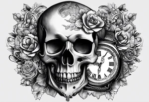 A skull and a watch which shows a specifix time tattoo idea