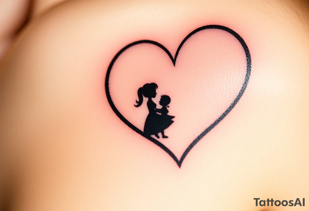 A mother and child shadow inside a heart-shaped puzzle piece, in black and white with a subtle blue glow tattoo idea