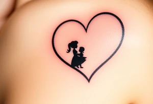 A mother and child shadow inside a heart-shaped puzzle piece, in black and white with a subtle blue glow tattoo idea