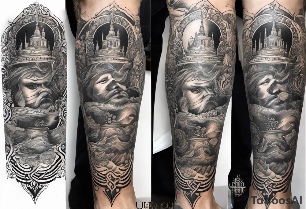 Leg sleeve with God on top representing god over everything, lower on the leg show things like money, drinking, something beachy, cards tattoo idea