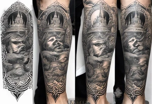 Leg sleeve with God on top representing god over everything, lower on the leg show things like money, drinking, something beachy, cards tattoo idea