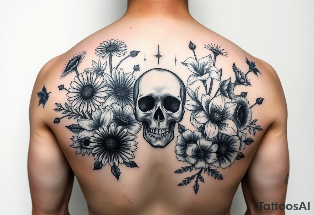 Half sleeve of Dark gothic florals with daisies, poppies,  white narcissus, sweet peas and gladiolus with a skull tattoo idea