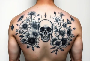 Half sleeve of Dark gothic florals with daisies, poppies,  white narcissus, sweet peas and gladiolus with a skull tattoo idea