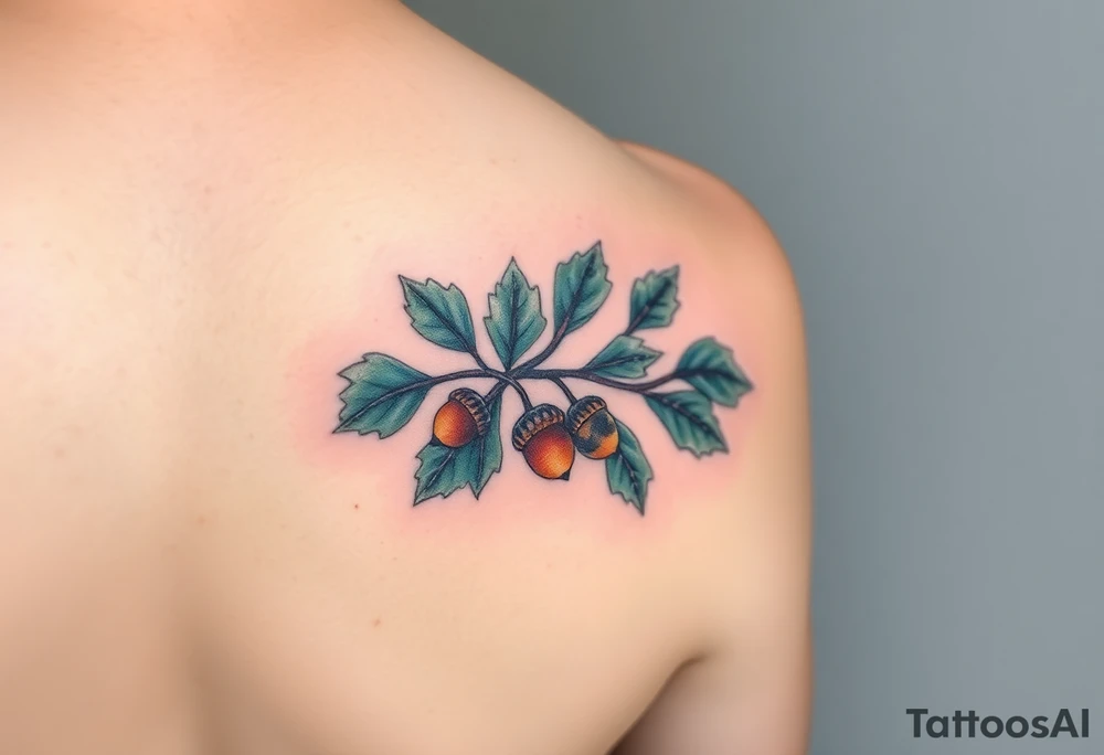 on the forearm an oak branch with thick leaves and acorns tattoo idea
