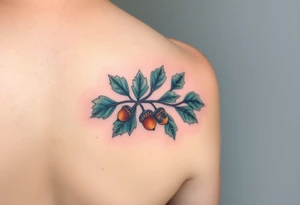 on the forearm an oak branch with thick leaves and acorns tattoo idea