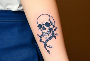 Skull with a snake going through its eyes or mouth include a clock and prickly vines tattoo idea