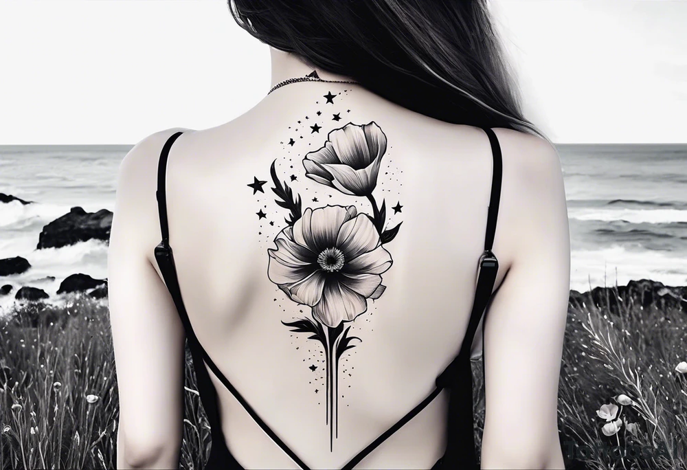 spine tattoo with stars, moon, clouds, poppy tattoo idea spine tattoo with stars, moon, clouds, poppy tattoo idea