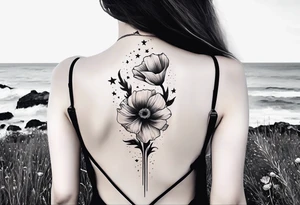 spine tattoo with stars, moon, clouds, poppy tattoo idea