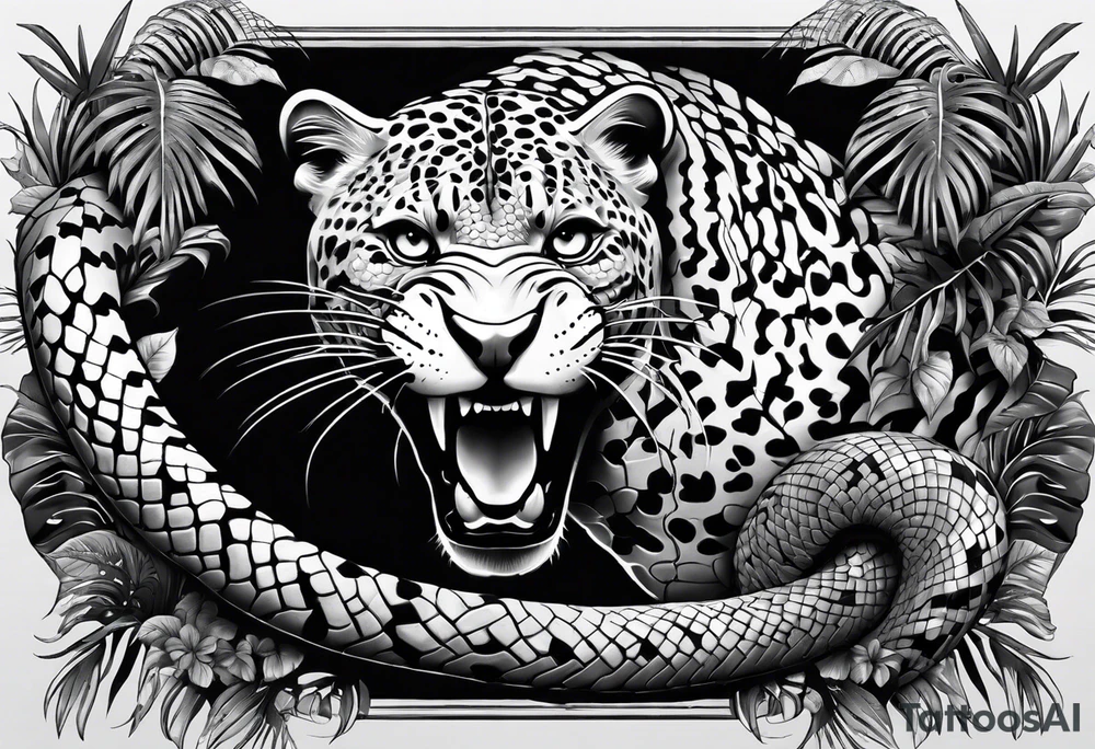 Black and grey realism with a pit viper snake, jaguar, and rainforest background for a forearm sleeve. Create the snake and jaguar to have aggressive features tattoo idea