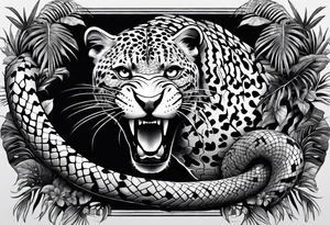 Black and grey realism with a pit viper snake, jaguar, and rainforest background for a forearm sleeve. Create the snake and jaguar to have aggressive features tattoo idea