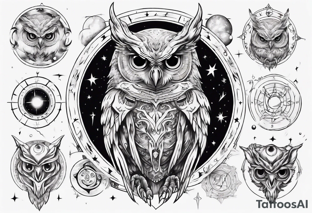 Demon Owl surrounded by cosmic magic  astrology. tattoo idea