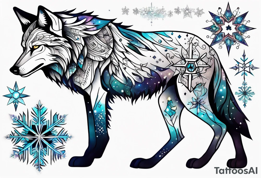Constellation, animal alien wolf, snowflake tattoo idea