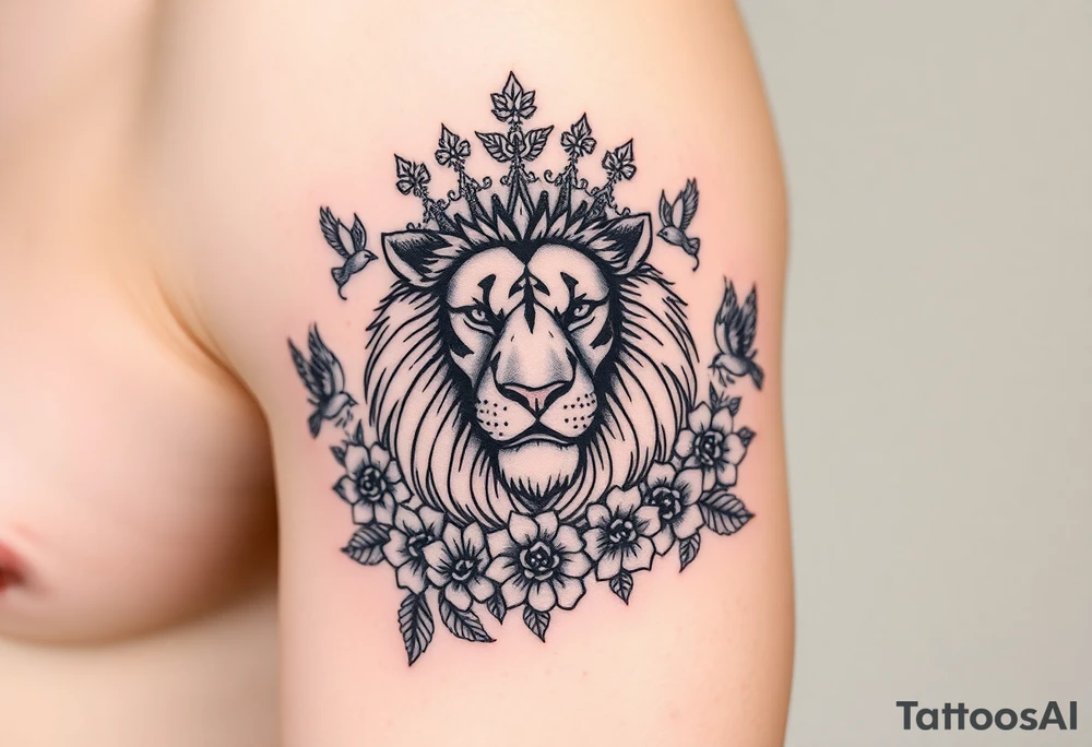 powerful majestic lion with a crown, surrounded by floral ornaments and birds tattoo idea
