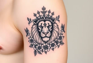 powerful majestic lion with a crown, surrounded by floral ornaments and birds tattoo idea