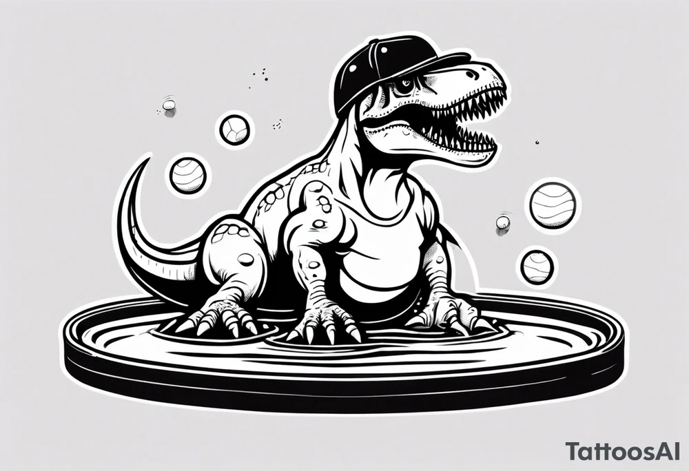 happy t rex in a pool wearing water polo cap tattoo idea
