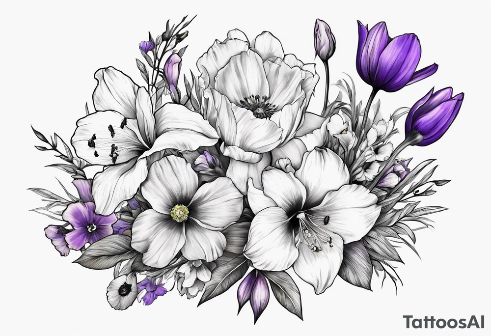 Hand bouquet with Violet, Daffodil, Gladiolus, Poppy, Cosmos tattoo idea