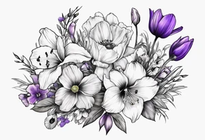 Hand bouquet with Violet, Daffodil, Gladiolus, Poppy, Cosmos tattoo idea