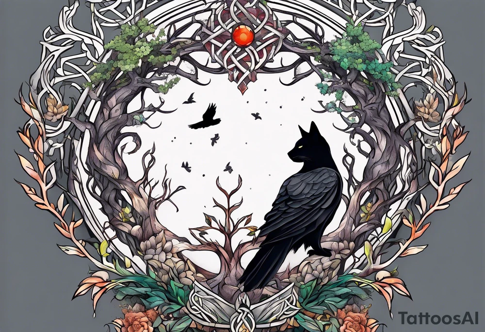 yggdrasil with a cat and a raven and knotwork tattoo idea