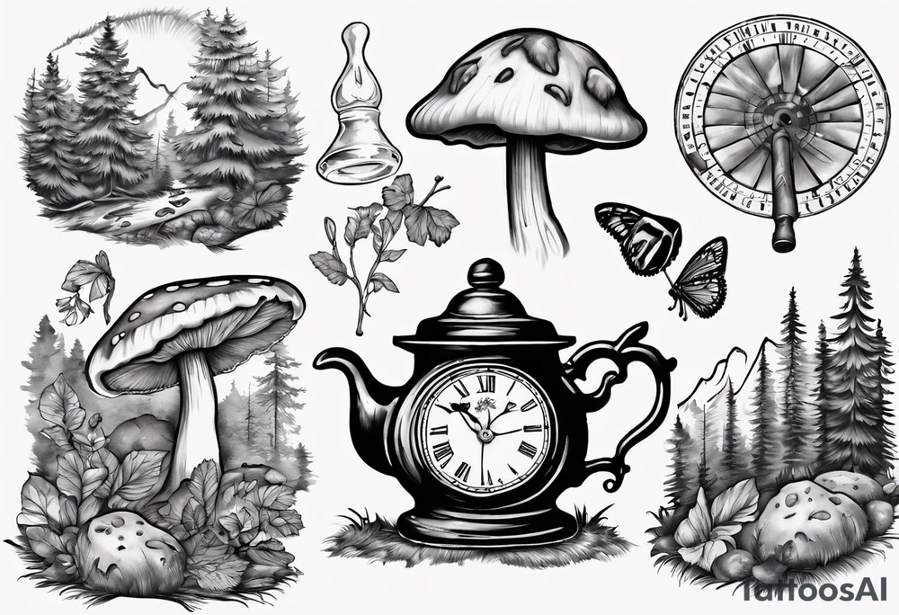 mounting landscape with little boletus in the forest.
Add in a middle an antique clock at 9:44pm. across the tattoo a cinema film. And on top a game of poker 4 cards. a Grandma's walking stick and 
A real Italian coffee maker. tattoo idea