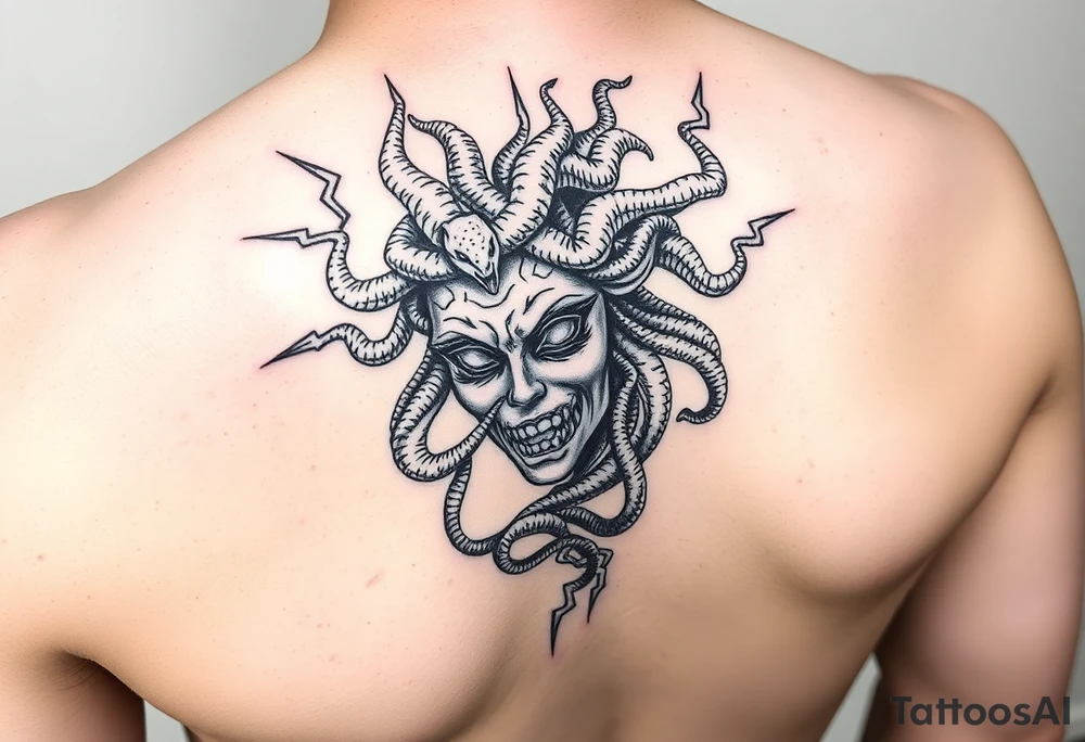 detailed female Medusa Head containing snakes and surrounded by lightnings in sketch style, black color and on the outer forearm tattoo idea