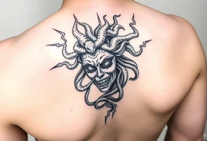 detailed female Medusa Head containing snakes and surrounded by lightnings in sketch style, black color and on the outer forearm tattoo idea