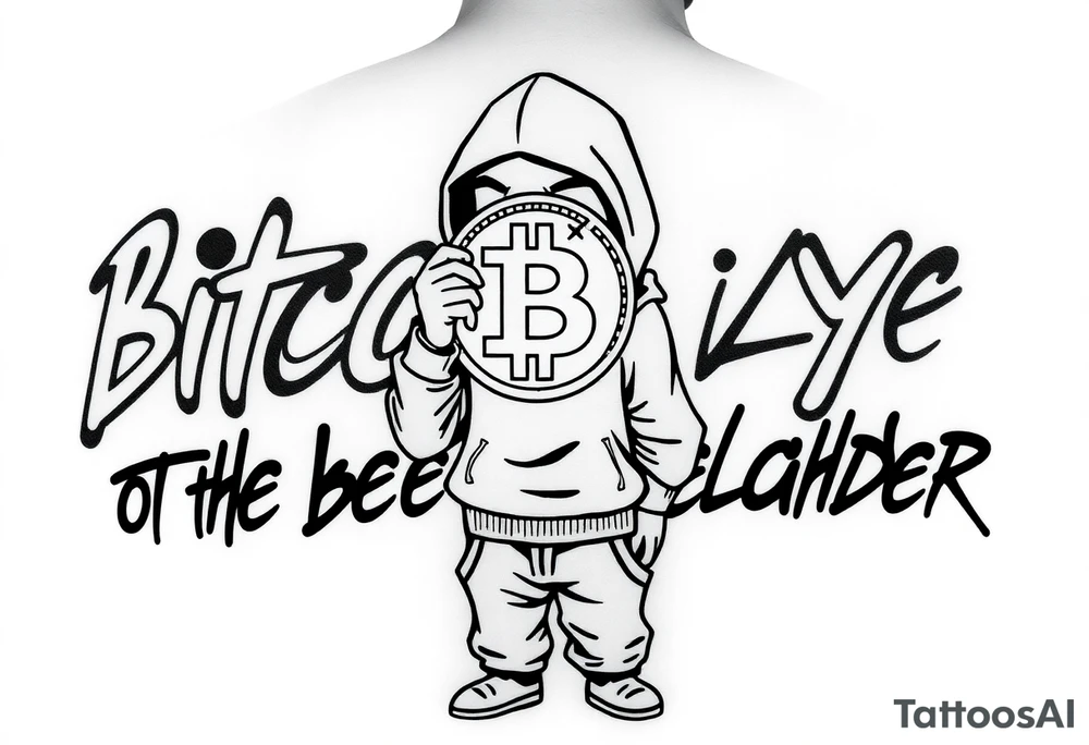 Create a custom tattoo stencil Use a street-art / pop-art vibe with a cartoon figure holding a bitcoin to cover his eyes have bold lines, “x” for eyes. make them have on a hoodie and jogger sweatpants have in the background in graffiti letters “bitcoin is in the eye of the beholder” tattoo idea