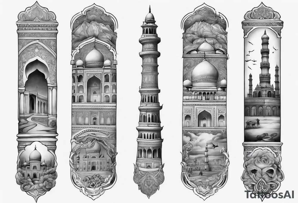 a sleeve tatoo that has petra, and the taj mahal tattoo idea