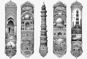 a sleeve tatoo that has petra, and the taj mahal tattoo idea