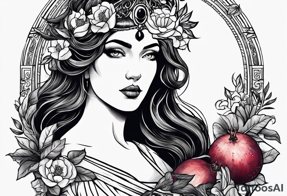 persephone goddess with a dark or gothic perspective. Include pomegranate, flowers and her being the queen of the underwood tattoo idea