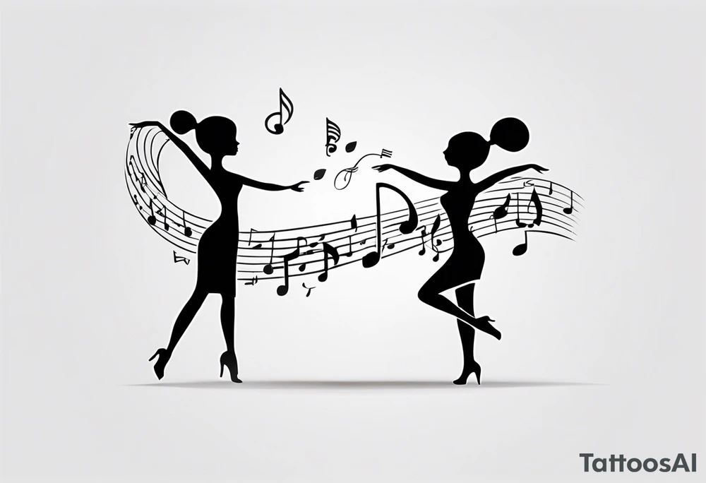 Music quarter notes connecting two dancing stick figures, symbolizing love of two daughters tattoo idea
