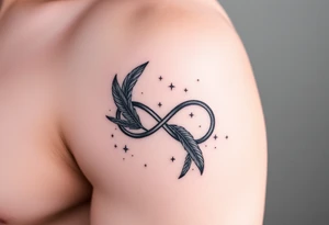 infinity symbol woven with floating feathers and stardust tattoo idea