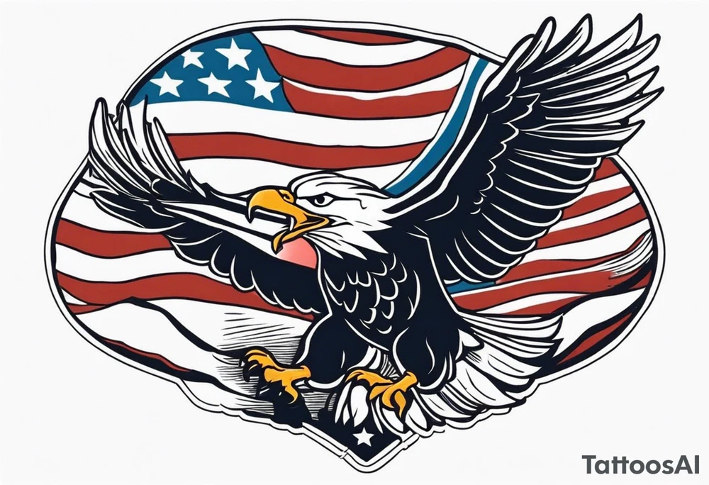 eagle flying in front of ship holding American flag in beak tattoo idea