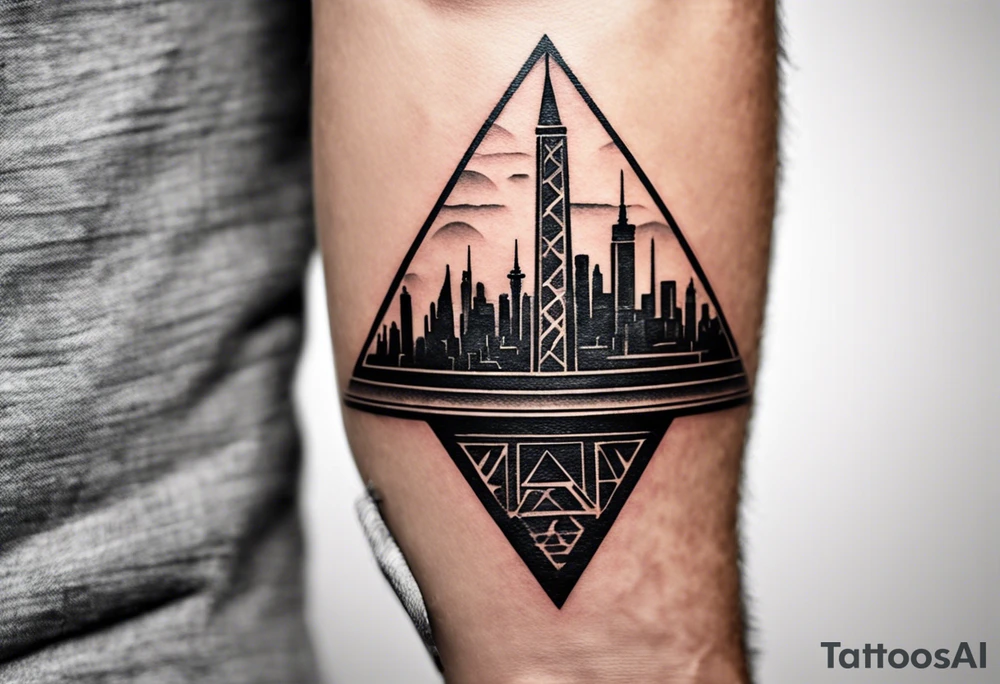 Create a visually dynamic tattoo that seamlessly blends the timeless elegance of the three Pyramids of Giza with the modern allure of the Manhattan skyline. Envision the pyramids standing majestically, perhaps incorporating subtle Egyptian motifs like hieroglyphs or an ankh, transitioning smoothly into the iconic structures of New York, such as the Empire State Building and One World Trade Center. tattoo idea