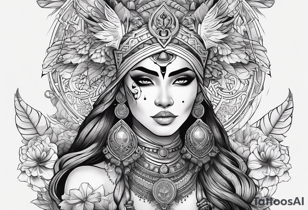 kali ma, alien goddess, valkrye, pirate, divine feminine, zenza resonance, pachamama, lotus azul, blank panther, eagle, skull, 5D, nueva gaya, dna 12 tattoo idea