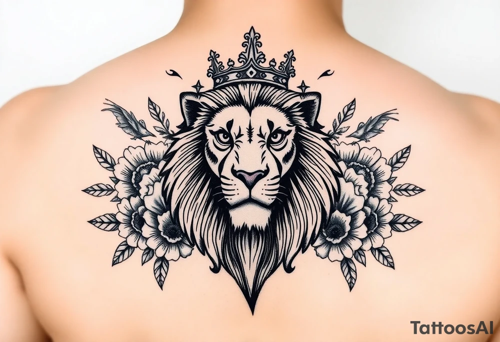 powerful majestic lion with a crown, surrounded by floral ornaments and birds tattoo idea