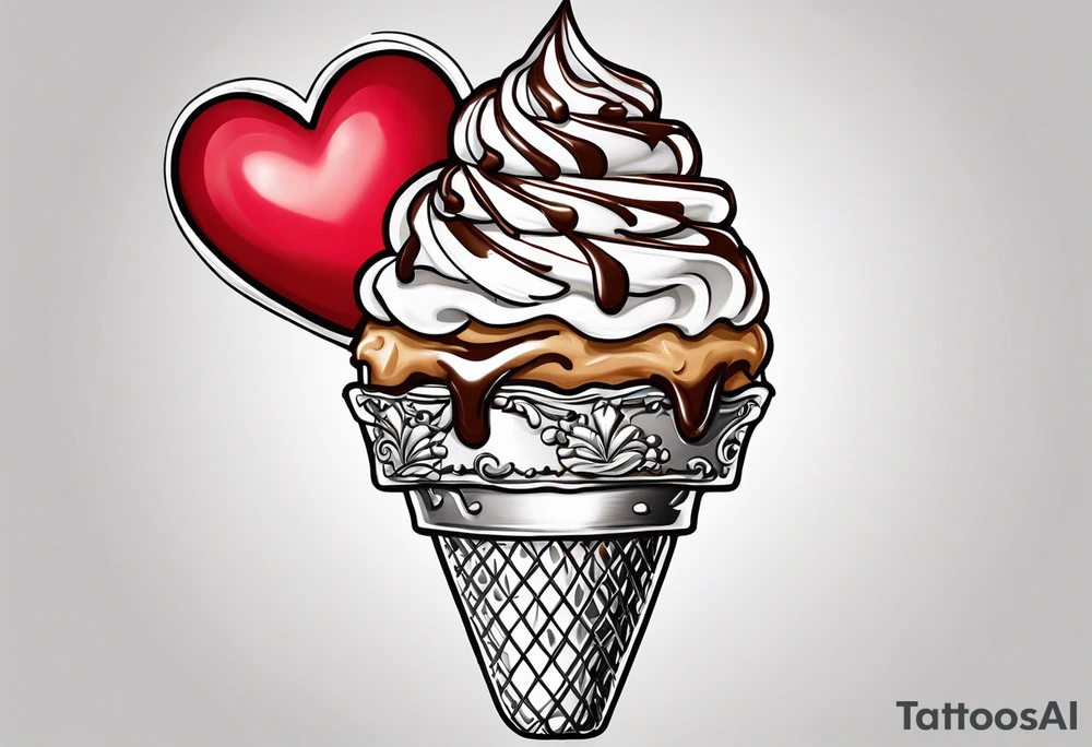 sketch chocolate chip ice cream cone with one red heart tattoo idea