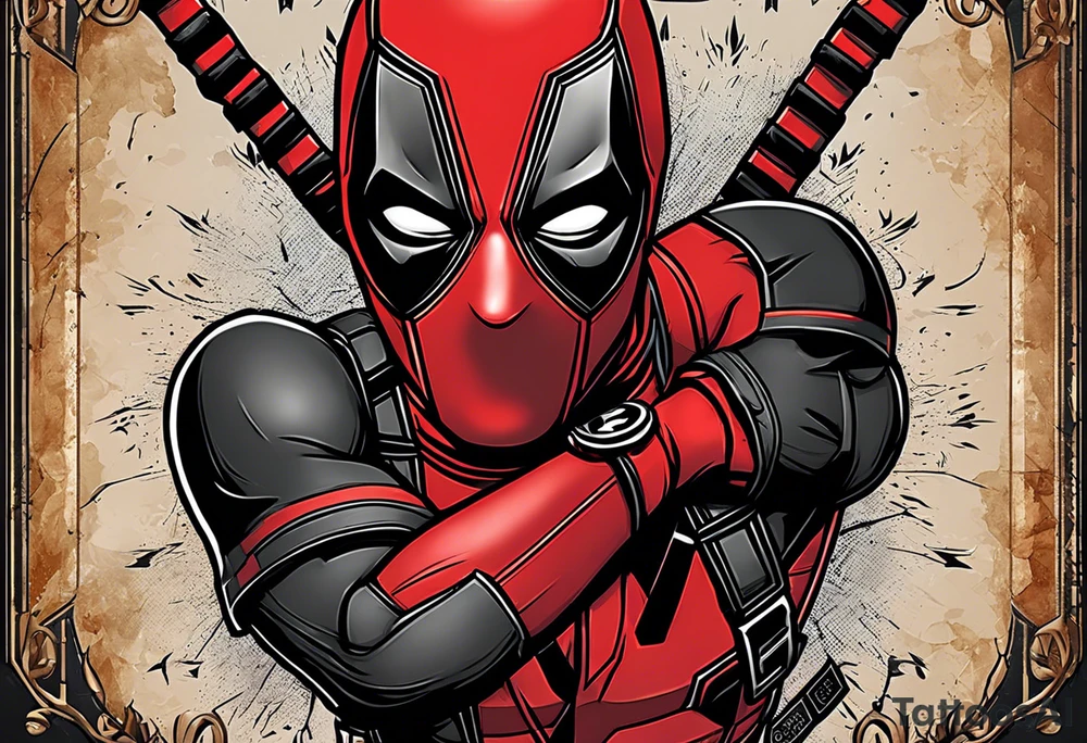 Banner with Text: A worn, dark banner wraps around Deadpool with the phrase "NEVER DEAD" in bold, cracked letters that give a strong and aggressive impression. The banner has small torn details, as if it’s been through rough conditions, with shading that adds depths. tattoo idea