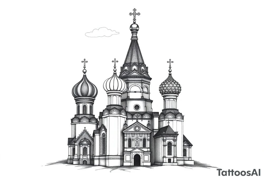 highly detailed Russian Orthodox cathedral with onion domes and orthodox crosses, done in fine line, engraving-like style. Cohesive composition, black ink only, no color, high contrast, slightly aged, documentary-style, plain light background. with clouds above it and a virgin mary over looking tattoo idea