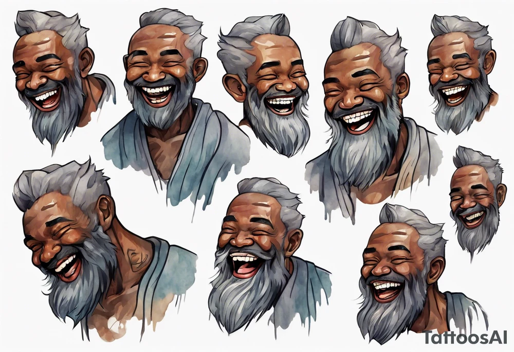 a stout man with dark skin with a grey beard laughing tattoo idea