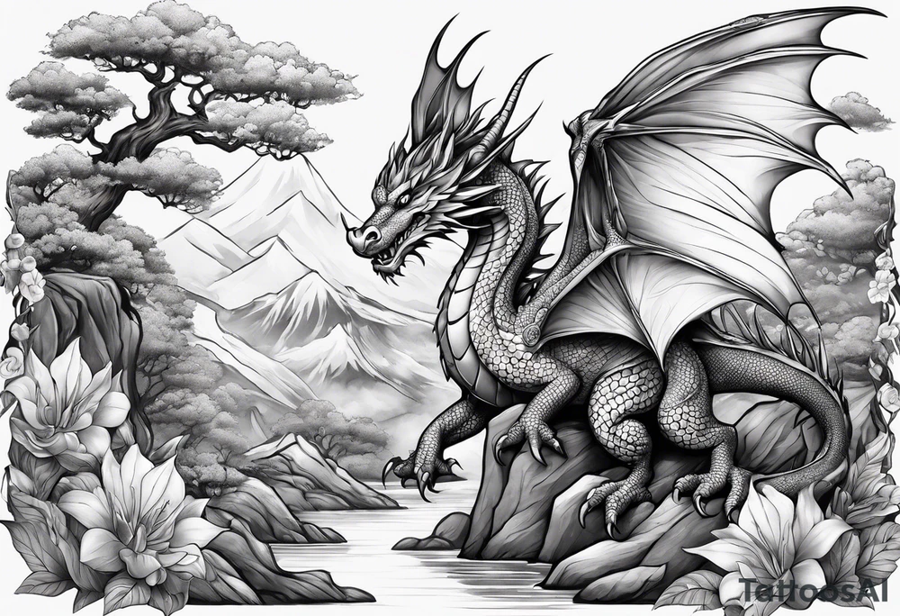 fairy and a dragon in the background tattoo idea