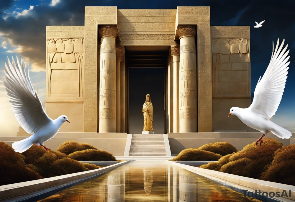 A surreal and dramatic scene featuring two figures: Cyrus the Great and Jesus Christ, standing side by side. The tomb of Cyrus the Great is in the background, partially visible, symbolizing history and legacy. A white dove is flying gracefully above or near them, symbolizing peace. The image is integrated seamlessly to create a powerful and unified visual representation. The composition should evoke a sense of reverence, unity, and tranquility. tattoo idea