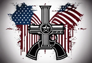 Distressed American flag behind a cross with 2 guns leaned on it simpler tattoo idea