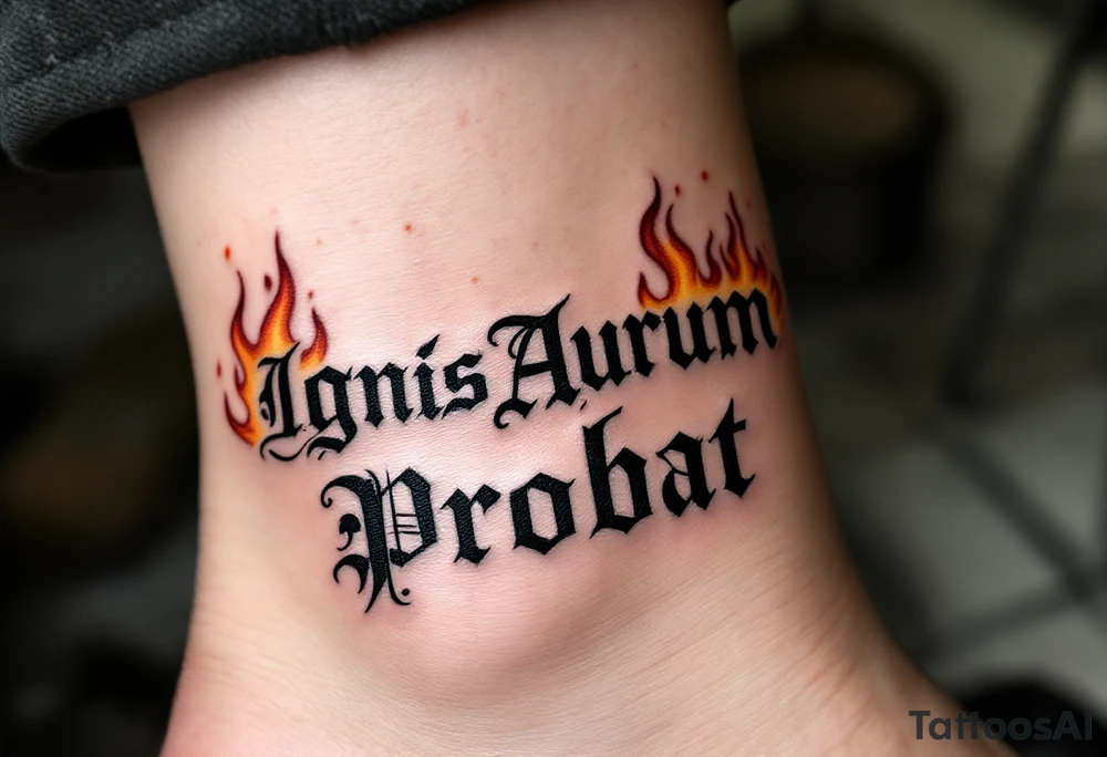 "Ignis Aurum Probat" (Fire tests gold), in etched medieval-style font, rising from flames curling around a golden ingot, done in charcoal black, dark red, and muted gold ink for a powerful, alchemical look. tattoo idea