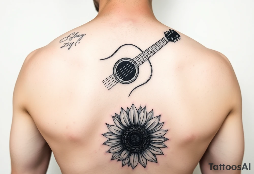 Acoustic guitar with  sunflower on bottom tattoo idea