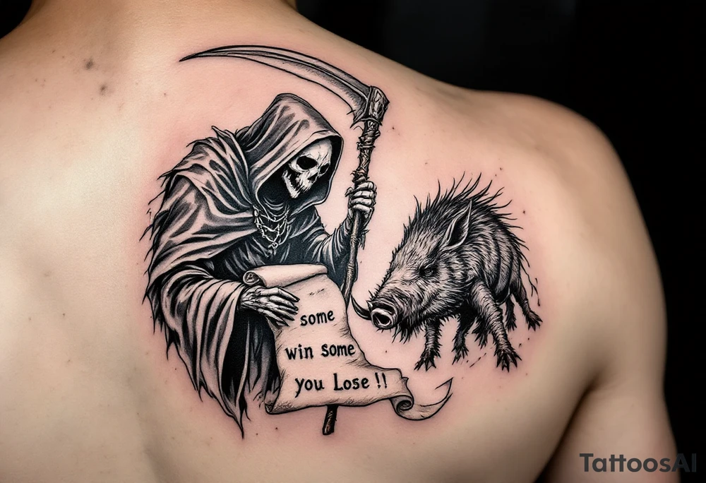 Grim reaper looking down on a bug feral boar while holding a scythe and scroll. The scroll has the words “You win some you lose some” written on it tattoo idea