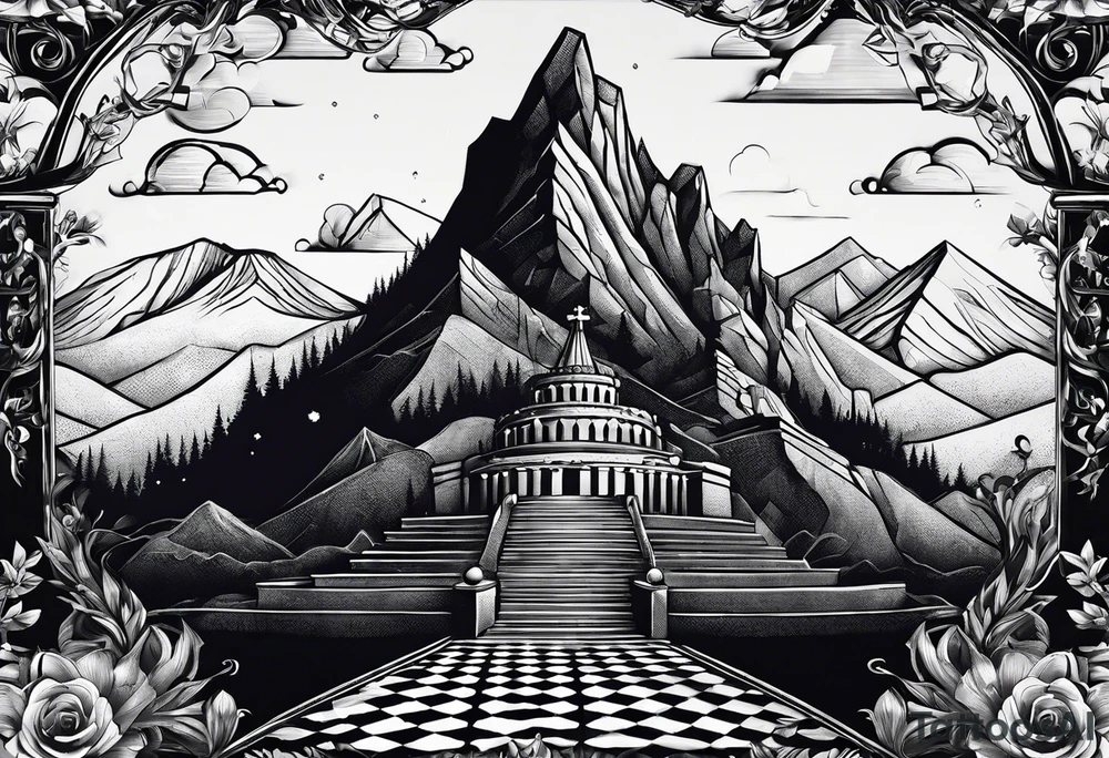 Books, chessboard with king and queen piece, background in a mountain night time tattoo idea