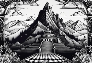 Books, chessboard with king and queen piece, background in a mountain night time tattoo idea